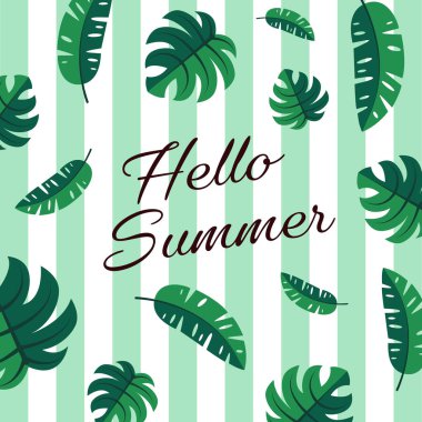 Yaz yaprakları ve harfleri olan vektör kartı. Merhaba yaz. Yaz tasarımı için tipografik basılabilir pankart. El çizimi soyut meyve arkaplanı.