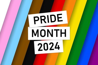 Sosyal medya paylaşımları, hikayeler ve web siteleri için LGBTQ bayrağı taşıyan vektör pankartı. LGBT gökkuşağı sembolü şablonu. Gurur ayı kutlaması için çıkartma. Gurur Günü. Vektör illüstrasyonu.