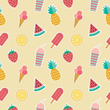 Dondurma izi yok. Tropikal meyveler, dondurmalar, yapraklar, Tukan, Flamingo, çiçekler ve yaz ikonları Memphis tarzıyla renksiz yaz deseni. Yaz kusursuz vektör illüstrasyonu.