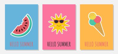 Meyve ve cümleli vektör yaz kartları. Güzel posterler, çocuk tişörtleri, odalar ya da yatak odaları için çıkartmalar. Yaz meyveleri, dondurma, ağaçlar ve güneş olan arka planlar. Elle çizilmiş mektuplar.