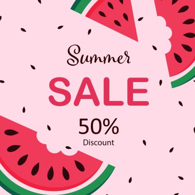 Yaz indirimi ve bir ısırıkla tatlı karpuz dilimli dondurma, Vektör çizimi. Bir ısırıkla Şirin Karpuz Dilimi, vektör illüstrasyonuyla yaz indirimi.