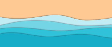 Abstract blue sea and beach summer background with paper waves and seacoast for banner, invitation, poster, or design. Paper cut style, 3d effect imitation, space for text, vector illustration.