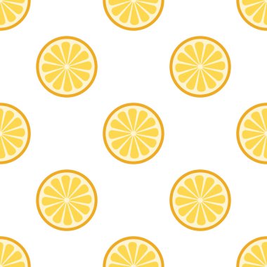 Limon, kusursuz desenli vektör illüstrasyonunu keser. Beyaz arka planda olgun sarı limon dilimleri. Yaz tropik taze meyve temalı duvar kağıdı.