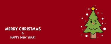 Gülen bir çizgi film Noel ağacı ve ışıklı bir çelenk ile mutlu Noeller kartı. Düz dizayn. Vektör illüstrasyonu.