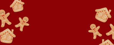 Mutlu Noeller, kartlar ya da arka plan, tasarım şablonu. Ev yapımı zencefilli kurabiye temalı kurabiye konsepti, tatil fuarı ve indirim. Vektör illüstrasyonu.