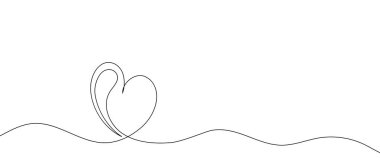 Kalbin ve kelimelerin aralıksız çizimi. Vektör çizimi. Sevgi kavramının tek çizgi çizimi tebrik kartı şeklinde şirin bir kalp. Düğün davetiyesi için romantik sembol, Sevgililer Günü.