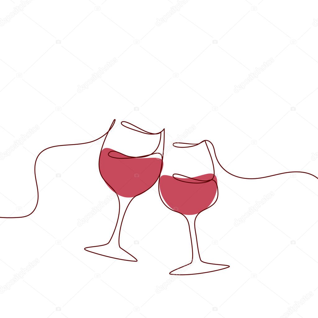 One continuous line of hand-drawn glasses of wine cheering isolated on a white background.
