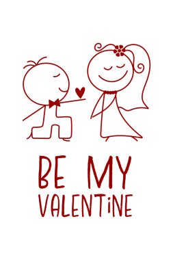 Sevgilim ol. Bu, sevimli bir çiftin Sevgililer Günü kartı. Sevgililer Günü 'nde bir kız ve erkeğin basit bir romantik temsili, düğün, aşk geçmişi..