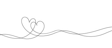 Kalbin ve kelimelerin aralıksız çizimi. Vektör çizimi. Sevgi kavramının tek çizgi çizimi tebrik kartı şeklinde şirin bir kalp. Düğün davetiyesi için romantik sembol, Sevgililer Günü.