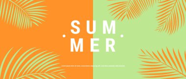 Tropikal yapraklar ve indirimli metinlerle moda parlak renklerde yaratıcı yaz indirimi afişi. Sezon tanıtımı illüstrasyonu.