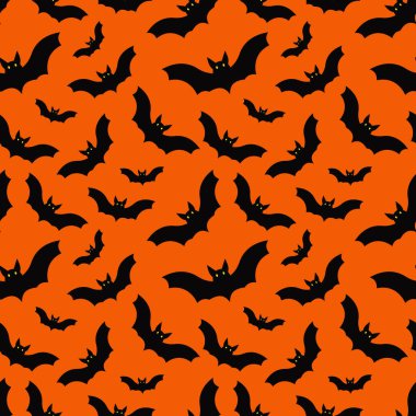 Cadılar Bayramı kusursuz. Cadılar Bayramı partisinin temsilcisi. Sarı arka planda hayaletler, örümcek ağı, yarasa ve balkabağı. Vektör çizgi filmi kusursuz desen.