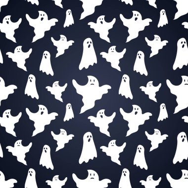 Cadılar Bayramı kusursuz. Cadılar Bayramı partisinin temsilcisi. Sarı arka planda hayaletler, örümcek ağı, yarasa ve balkabağı. Vektör çizgi filmi kusursuz desen.