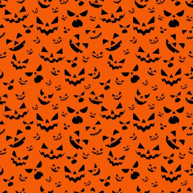 Cadılar Bayramı kusursuz. Cadılar Bayramı partisinin temsilcisi. Sarı arka planda hayaletler, örümcek ağı, yarasa ve balkabağı. Vektör çizgi filmi kusursuz desen.