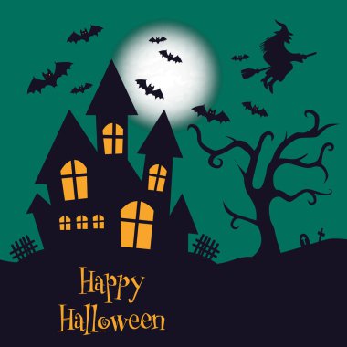 Dolunay altında perili bir ev, yarasalar ve ürkütücü ağaçların olduğu ürkütücü bir Cadılar Bayramı sahnesi. Cadılar Bayramı temalı tasarımlar, davetiyeler ve dekorasyonlar için mükemmel. Düz vektör modern resimleme