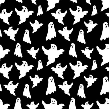 Cadılar Bayramı kusursuz. Cadılar Bayramı partisinin temsilcisi. Sarı arka planda hayaletler, örümcek ağı, yarasa ve balkabağı. Vektör çizgi filmi kusursuz desen.