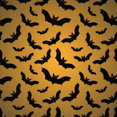 Cadılar Bayramı kusursuz. Cadılar Bayramı partisinin temsilcisi. Sarı arka planda hayaletler, örümcek ağı, yarasa ve balkabağı. Vektör çizgi filmi kusursuz desen.