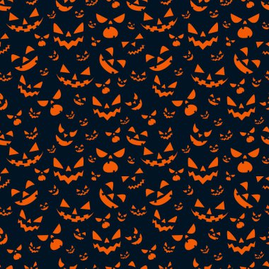 Cadılar Bayramı kusursuz. Cadılar Bayramı partisinin temsilcisi. Sarı arka planda hayaletler, örümcek ağı, yarasa ve balkabağı. Vektör çizgi filmi kusursuz desen.