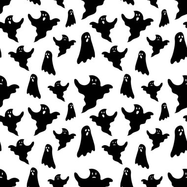 Cadılar Bayramı kusursuz. Cadılar Bayramı partisinin temsilcisi. Sarı arka planda hayaletler, örümcek ağı, yarasa ve balkabağı. Vektör çizgi filmi kusursuz desen.