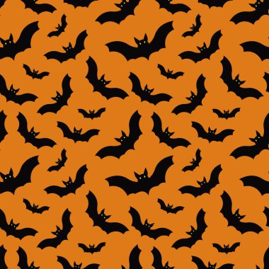 Cadılar Bayramı kusursuz. Cadılar Bayramı partisinin temsilcisi. Sarı arka planda hayaletler, örümcek ağı, yarasa ve balkabağı. Vektör çizgi filmi kusursuz desen.