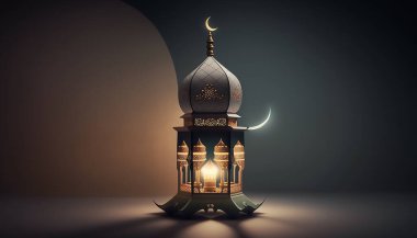 Eid Mubarak celebration, suitable for Ramadan, Raya Hari, Eid al Adha and Mawlid. A lit up lantern and crescent moon decor