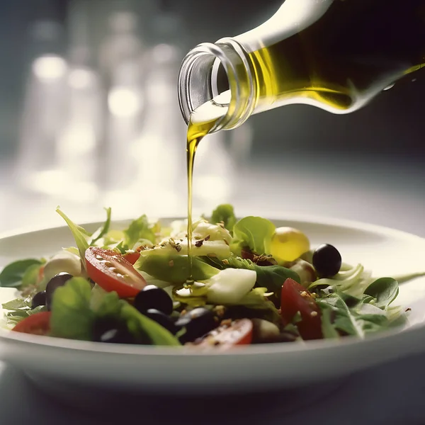 stock image Food photography of drizzle olive oil on michelin restaurant gourmet salad