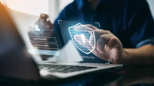 Siber suç ve siber güvenlik kavramı. El gösterimi koruma sistemleri, ağlar ve dijital saldırılara karşı programlar. E- posta, hackleme şifresi ve kişisel veri sağlayan internet bağlantılı sistemlerin korunması. Hacker yazılımı veya kötü amaçlı yazılım.