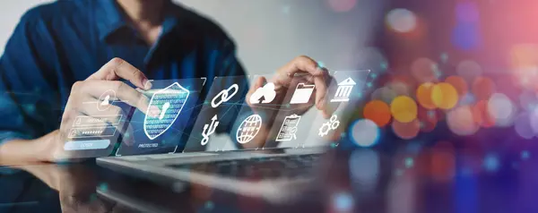 Siber suç ve siber güvenlik kavramı. El gösterimi koruma sistemleri, ağlar ve dijital saldırılara karşı programlar. E- posta, hackleme şifresi ve kişisel veri sağlayan internet bağlantılı sistemlerin korunması. Hacker yazılımı veya kötü amaçlı yazılım.