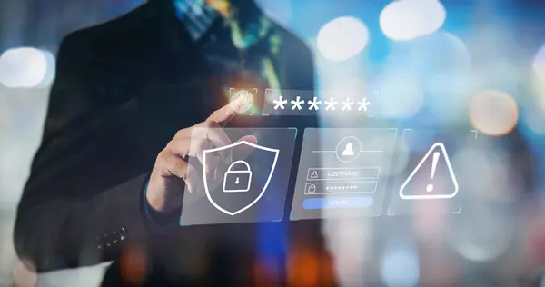Siber suç ve siber güvenlik kavramı. El gösterimi koruma sistemleri, ağlar ve dijital saldırılara karşı programlar. E- posta, hackleme şifresi ve kişisel veri sağlayan internet bağlantılı sistemlerin korunması. Hacker yazılımı veya kötü amaçlı yazılım.