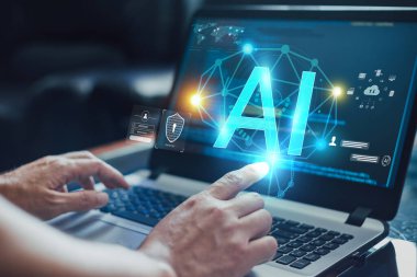 Yaşayan insanların geleceği için yapay zeka konsepti geliştirme. Siber sistemde büyük veri işletim bilgileri kullanarak dijital veri ve makine öğrenme teknolojisi tasarımı.