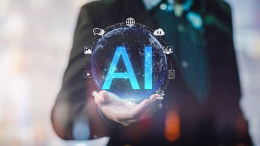 Yaşayan insanların geleceği için yapay zeka konsepti geliştirme. Siber sistemde büyük veri işletim bilgileri kullanarak dijital veri ve makine öğrenme teknolojisi tasarımı.