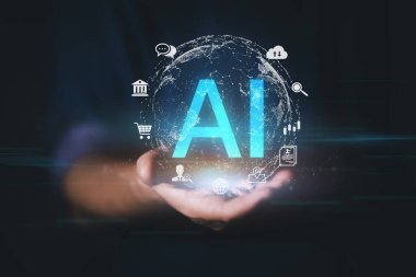 Yaşayan insanların geleceği için yapay zeka konsepti geliştirme. Siber sistemde büyük veri işletim bilgileri kullanarak dijital veri ve makine öğrenme teknolojisi tasarımı.