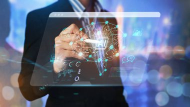 Yaşayan insanların geleceği için yapay zeka konsepti geliştirme. Siber sistemde büyük veri işletim bilgileri kullanarak dijital veri ve makine öğrenme teknolojisi tasarımı.