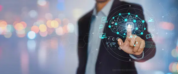 Yaşayan insanların geleceği için yapay zeka konsepti geliştirme. Siber sistemde büyük veri işletim bilgileri kullanarak dijital veri ve makine öğrenme teknolojisi tasarımı.