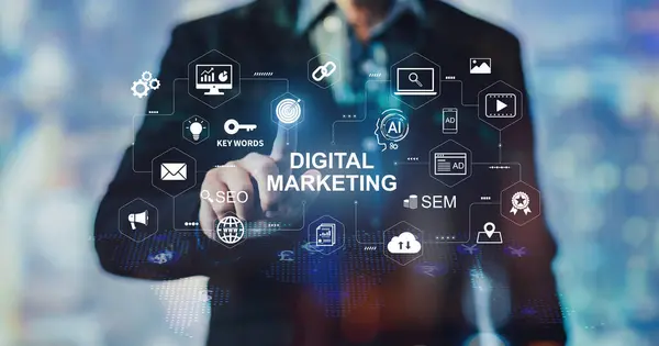 Dijital pazarlama iş teknolojisi konsepti. Web sitesi adertisement e-posta sosyal medya ağı, SEO, SEM video ve mobil uygulama simgeleri ve pazarlama stratejisi için ai Tech.