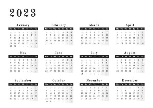 Year Calendar 2023 Wall Horizontal Format Black White Design Space — ストックベクタ
