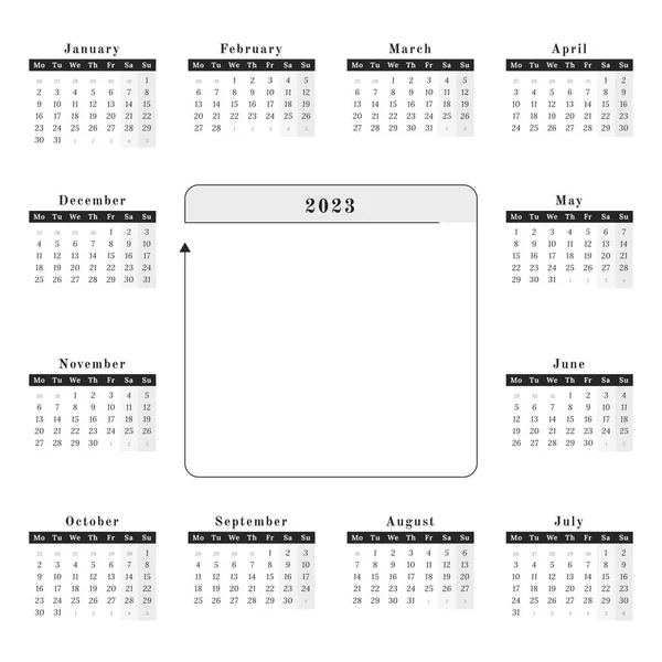 Year Calendar 2023 Square Size Black White Design Space Copy — Archivo Imágenes Vectoriales