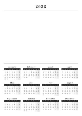 Year calendar 2023 in a wall vertical format, black and white design with a space for copy or logo with mondays as a first day in week