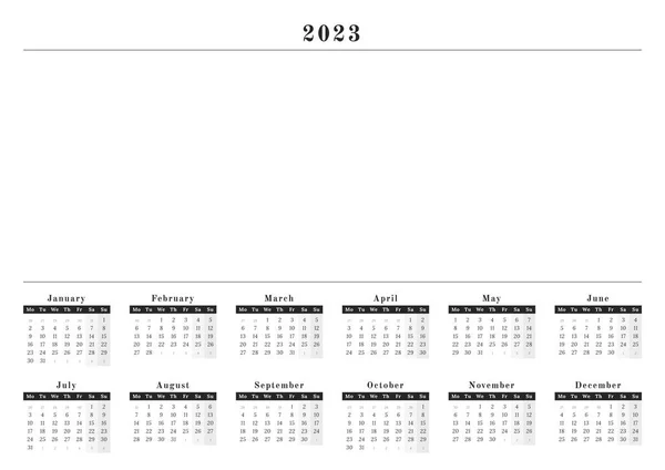 Year Calendar 2023 Wall Horizontal Format Black White Design Space — Archivo Imágenes Vectoriales