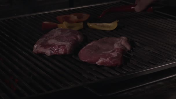 Cooking Beef Steak Grill Grate Restrain Kitchen Close Hot Barbecue — Stock Video