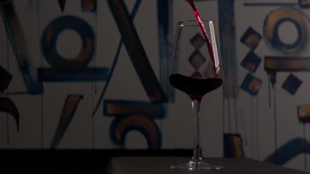 Pouring Red Wine Wineglass Close Selective Focus Slow Motion — 图库视频影像