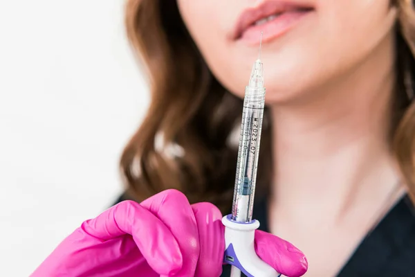 Close Female Beautician Doctor Holding Syringe Beauty Injections Concepts Skin — Stock Photo, Image