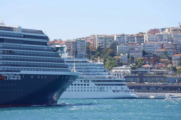 stock image Cruise ship in city port in city port for tourist travel on sunny day. It waits at the port of Galataport , the tourist port of Istanbul.