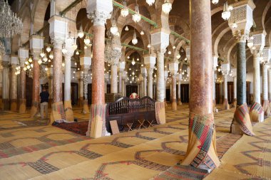 Zitouna mosque or Al-Zaytuna Mosque - Tunis, Historical Mosque interior and details view clipart