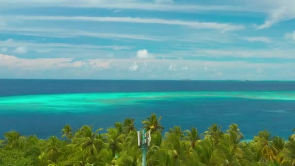 モルディブのターコイズブルーの海と熱帯の島のヤシの木の上を飛ぶ — ストック動画