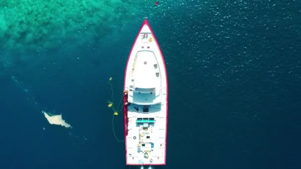 当地渔民的白船和马尔代夫珊瑚礁绿松石海的空中俯瞰 — 图库视频影像