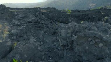 Katı siyah lav oluşumlarının hava görüntüsü seyrek bitki örtüsü, engebeli arazi ve volkanik manzara.