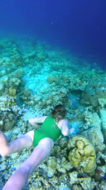 Maldivler 'in sualtı ortamında mercan resiflerine yakın yüzen bir kadın..