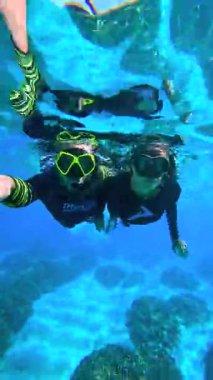 İki şnorkelli, açık mavi bir okyanusta, Maldivler, Thoddoo 'da sualtı keşfi yapar..