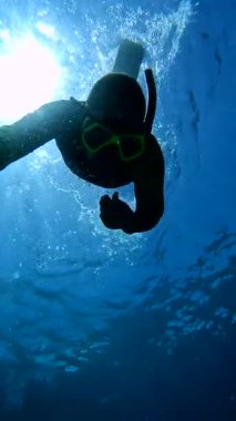 Şnorkel ve maskeli bir dalgıç, yüzeye sızan kabarcıklar ve güneş ışığıyla çevrili Raja Ampat Adaları 'nda su altında yüzüyor..