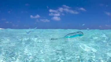 Maldivler 'deki sualtı sahnesinde berrak turkuaz su, ışık yansımaları ve okyanus tabanı sergileniyor..